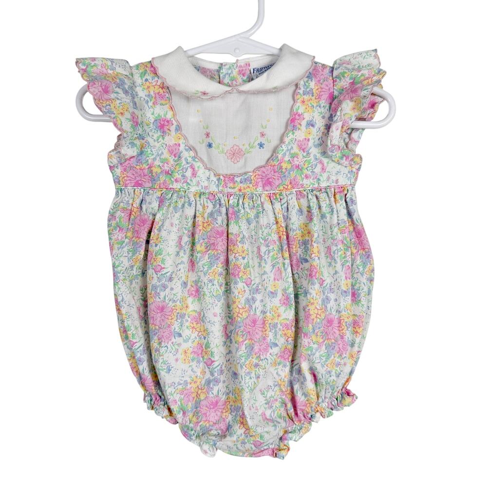 Vtg 90s Friedknit Creations Floral Bubble Romper Pink White Collar - 3-6 Months
